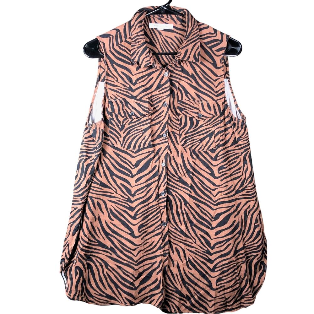 Rose Olive Womens Blouse Black Brown Tiger Stripe Sleeveless Button Down Tunic L